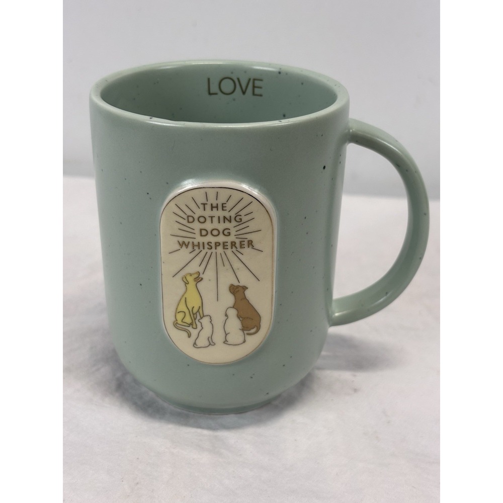 Anthropologie Doting Dog Whisperer Coffee Mug Green Speckle Cup Tea Animal Lover